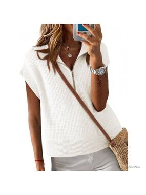 Cropped Knit Half Zip Cap Sleeve Sweater Vest Loose Fit Women's Pullover